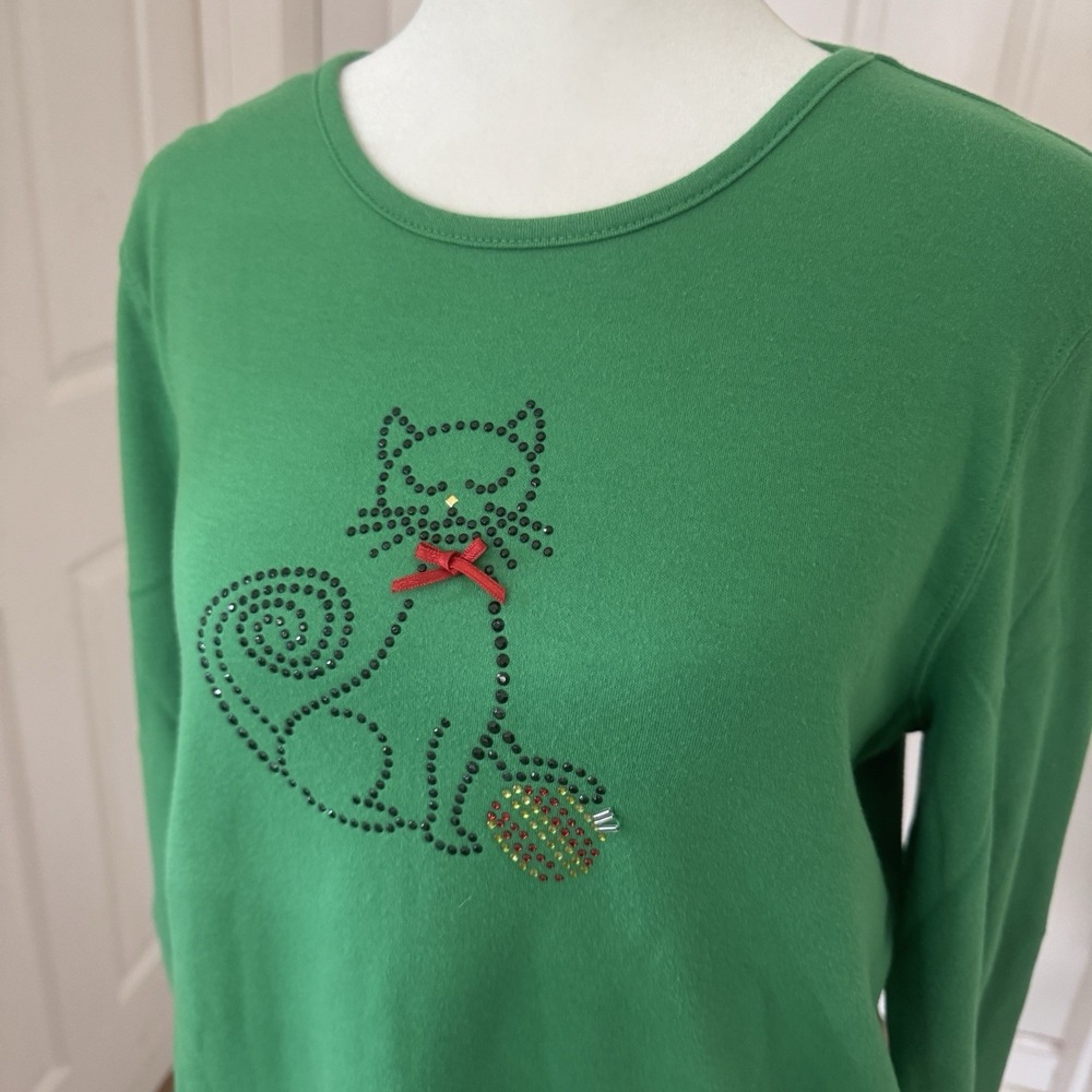 Womens Petite Large Ugly Christmas Top Kitty Cat Rhinestone Shirt Long‎ Sleeve